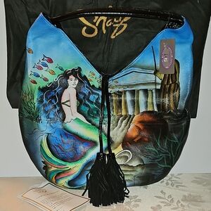 Sharif Blue Hand Painting Mermaid Art Leather Hobo Bag